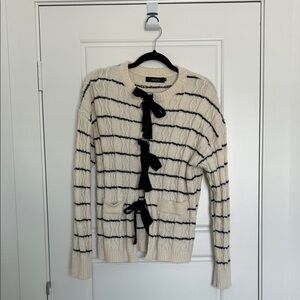 Cream and Black Striped Tie-Front Cardigan Sweater
